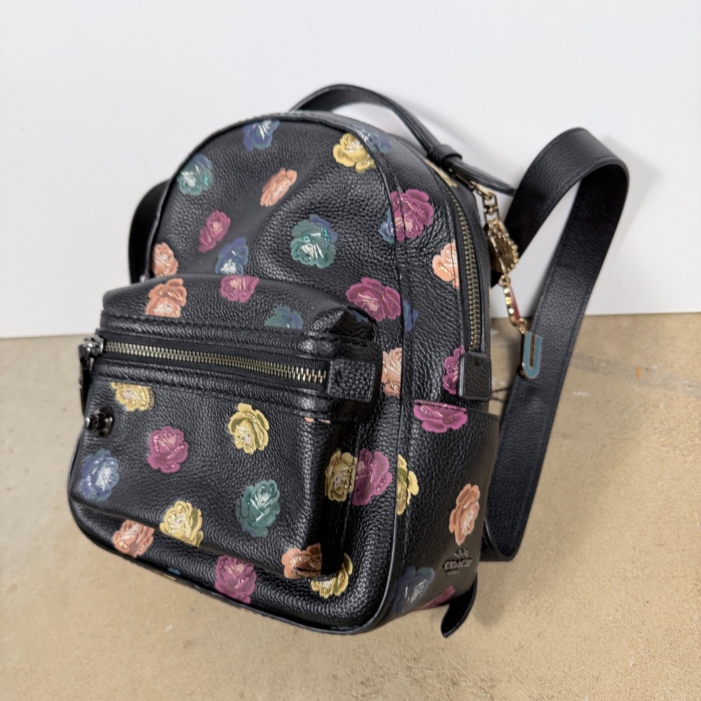 Coach Leather Floral Backpack Mini Black Multi Color Roses Charm - Picture 3 of 7